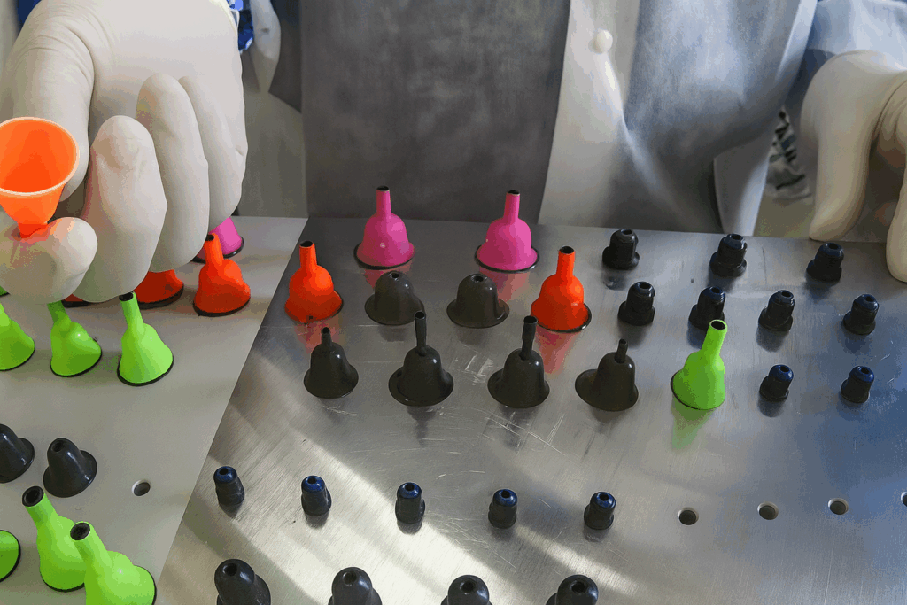 Color-coded rivet encapsulation bells for aerospace sealant application, designed for precision fit