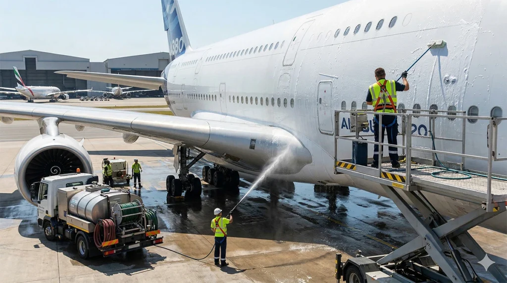 Trabajadores con ropa de alta visibilidad lavan el exterior de un gran avión comercial en una pista soleada, utilizando un camión de agua especializado, mangueras de alta presión y cepillos de mango largo desde una plataforma elevada.