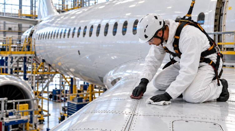 Aircraft maintenance technician cleaning and preparing rivets on an aircraft wing before sealant application.
